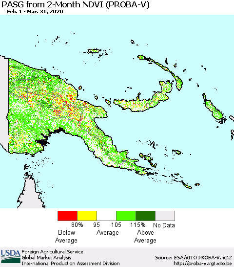 Papua New Guinea PASG from 2-Month NDVI (PROBA-V) Thematic Map For 3/21/2020 - 3/31/2020