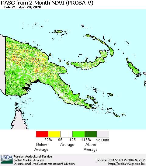 Papua New Guinea PASG from 2-Month NDVI (PROBA-V) Thematic Map For 4/11/2020 - 4/20/2020
