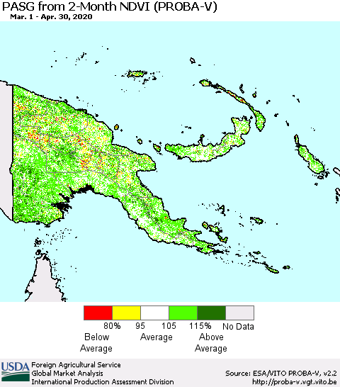 Papua New Guinea PASG from 2-Month NDVI (PROBA-V) Thematic Map For 4/21/2020 - 4/30/2020