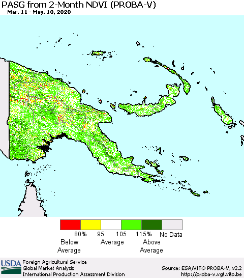 Papua New Guinea PASG from 2-Month NDVI (PROBA-V) Thematic Map For 5/1/2020 - 5/10/2020