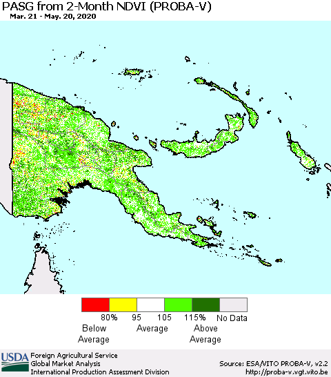 Papua New Guinea PASG from 2-Month NDVI (PROBA-V) Thematic Map For 5/11/2020 - 5/20/2020
