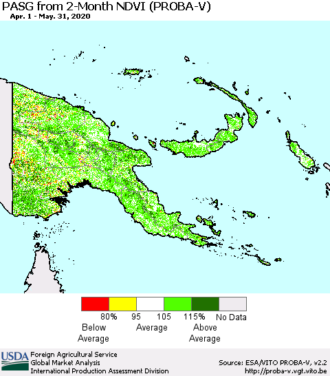 Papua New Guinea PASG from 2-Month NDVI (PROBA-V) Thematic Map For 5/21/2020 - 5/31/2020