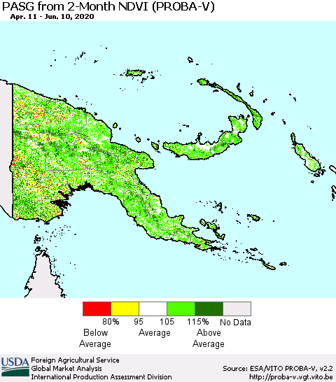 Papua New Guinea PASG from 2-Month NDVI (PROBA-V) Thematic Map For 6/1/2020 - 6/10/2020