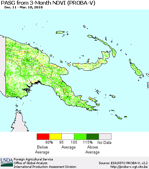 Papua New Guinea PASG from 3-Month NDVI (PROBA-V) Thematic Map For 3/1/2018 - 3/10/2018