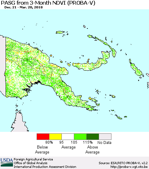 Papua New Guinea PASG from 3-Month NDVI (PROBA-V) Thematic Map For 3/11/2018 - 3/20/2018