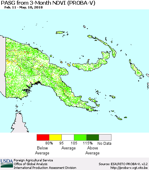 Papua New Guinea PASG from 3-Month NDVI (PROBA-V) Thematic Map For 5/1/2018 - 5/10/2018