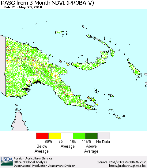 Papua New Guinea PASG from 3-Month NDVI (PROBA-V) Thematic Map For 5/11/2018 - 5/20/2018