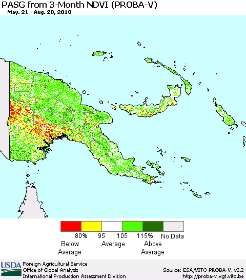 Papua New Guinea PASG from 3-Month NDVI (PROBA-V) Thematic Map For 8/11/2018 - 8/20/2018