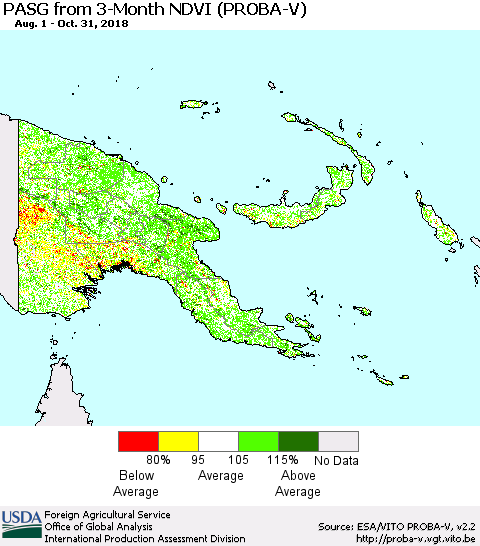 Papua New Guinea PASG from 3-Month NDVI (PROBA-V) Thematic Map For 10/21/2018 - 10/31/2018