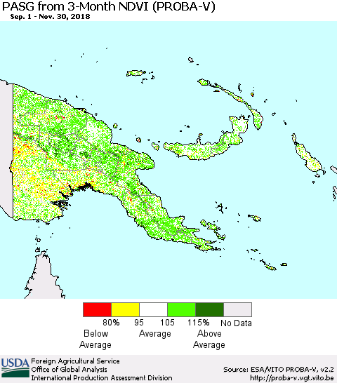 Papua New Guinea PASG from 3-Month NDVI (PROBA-V) Thematic Map For 11/21/2018 - 11/30/2018