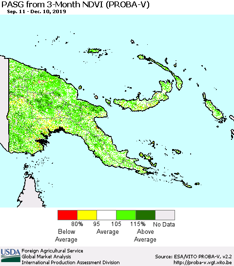 Papua New Guinea PASG from 3-Month NDVI (PROBA-V) Thematic Map For 12/1/2019 - 12/10/2019