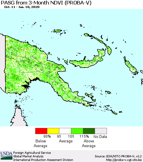 Papua New Guinea PASG from 3-Month NDVI (PROBA-V) Thematic Map For 1/1/2020 - 1/10/2020