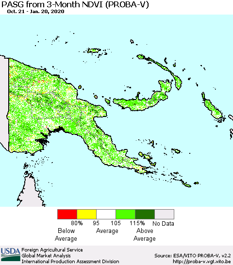 Papua New Guinea PASG from 3-Month NDVI (PROBA-V) Thematic Map For 1/11/2020 - 1/20/2020