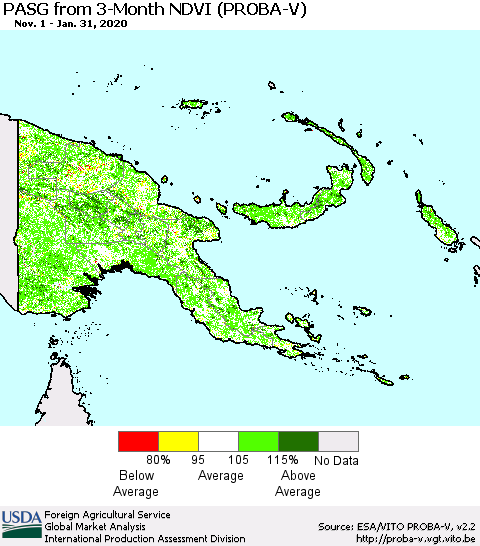 Papua New Guinea PASG from 3-Month NDVI (PROBA-V) Thematic Map For 1/21/2020 - 1/31/2020