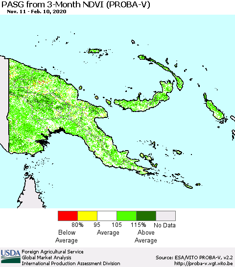 Papua New Guinea PASG from 3-Month NDVI (PROBA-V) Thematic Map For 2/1/2020 - 2/10/2020