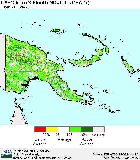 Papua New Guinea PASG from 3-Month NDVI (PROBA-V) Thematic Map For 2/11/2020 - 2/20/2020