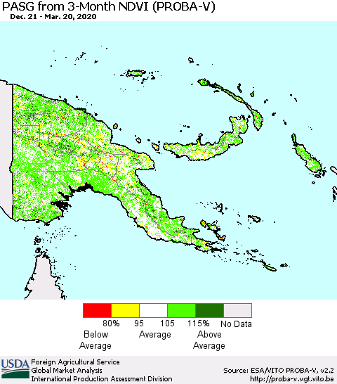 Papua New Guinea PASG from 3-Month NDVI (PROBA-V) Thematic Map For 3/11/2020 - 3/20/2020
