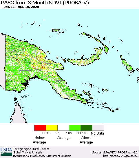 Papua New Guinea PASG from 3-Month NDVI (PROBA-V) Thematic Map For 4/1/2020 - 4/10/2020
