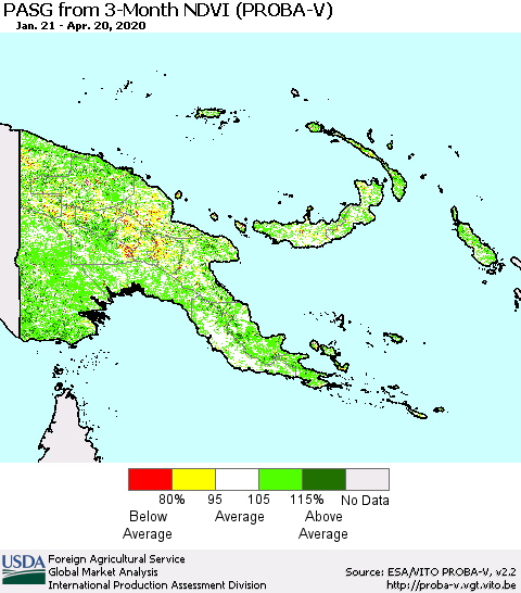 Papua New Guinea PASG from 3-Month NDVI (PROBA-V) Thematic Map For 4/11/2020 - 4/20/2020
