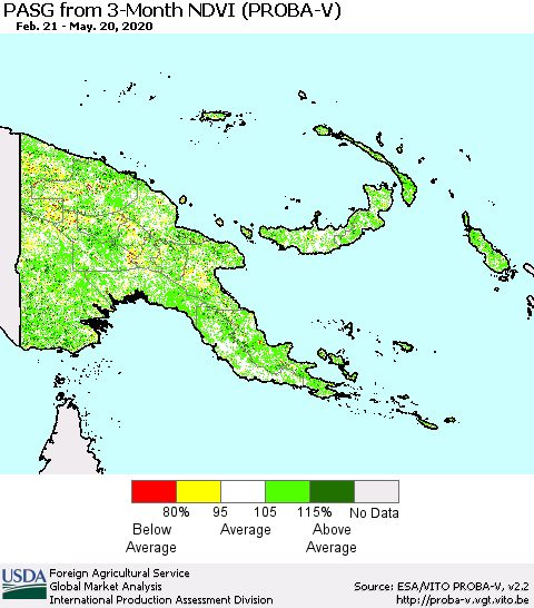 Papua New Guinea PASG from 3-Month NDVI (PROBA-V) Thematic Map For 5/11/2020 - 5/20/2020