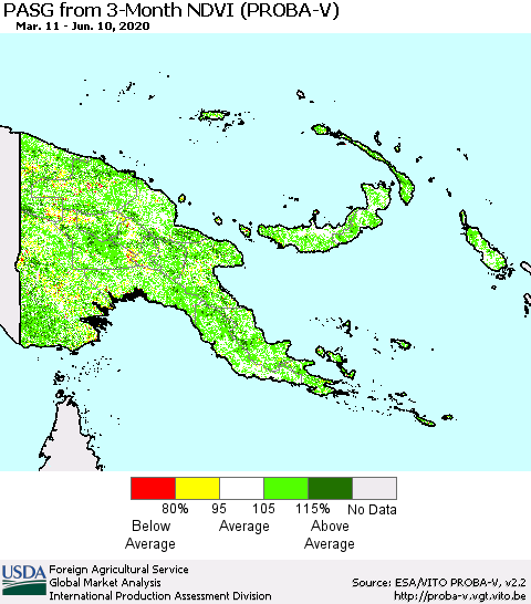 Papua New Guinea PASG from 3-Month NDVI (PROBA-V) Thematic Map For 6/1/2020 - 6/10/2020