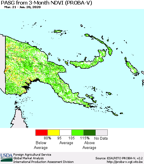 Papua New Guinea PASG from 3-Month NDVI (PROBA-V) Thematic Map For 6/11/2020 - 6/20/2020