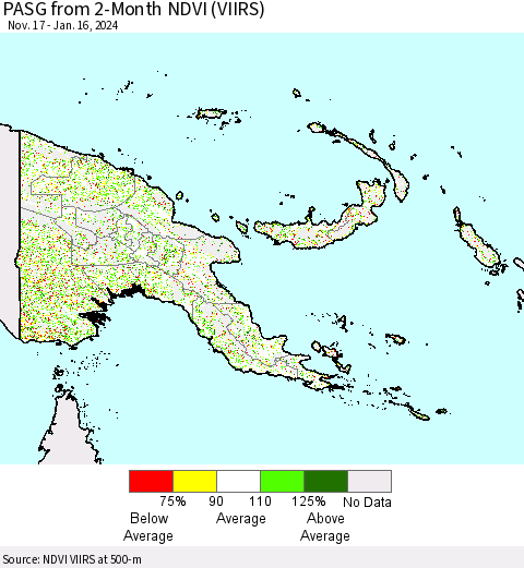Papua New Guinea PASG from 2-Month NDVI (VIIRS) Thematic Map For 1/9/2024 - 1/16/2024