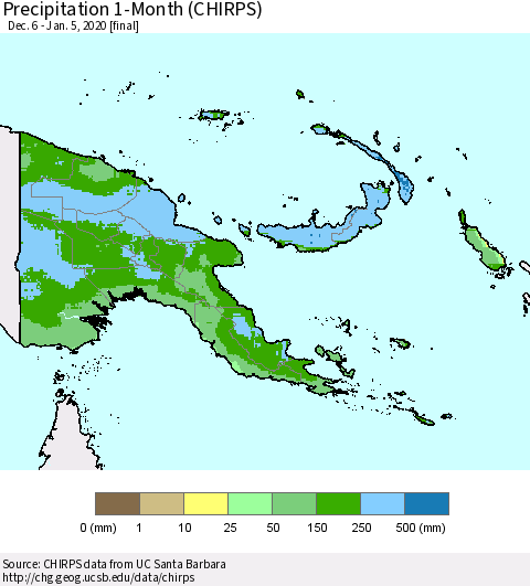 Papua New Guinea Precipitation 1-Month (CHIRPS) Thematic Map For 12/6/2019 - 1/5/2020