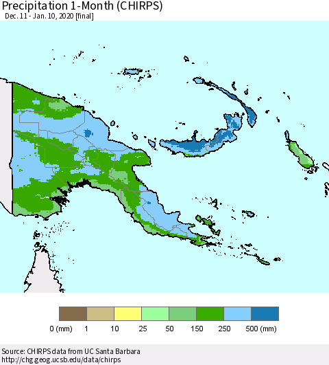 Papua New Guinea Precipitation 1-Month (CHIRPS) Thematic Map For 12/11/2019 - 1/10/2020
