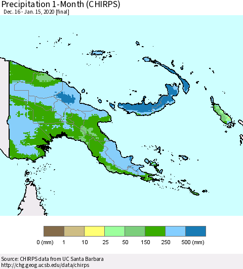 Papua New Guinea Precipitation 1-Month (CHIRPS) Thematic Map For 12/16/2019 - 1/15/2020