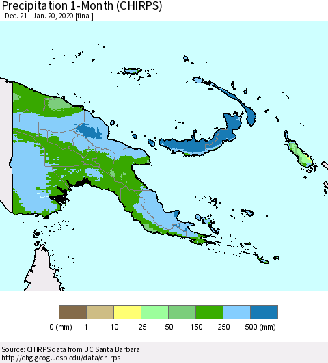 Papua New Guinea Precipitation 1-Month (CHIRPS) Thematic Map For 12/21/2019 - 1/20/2020