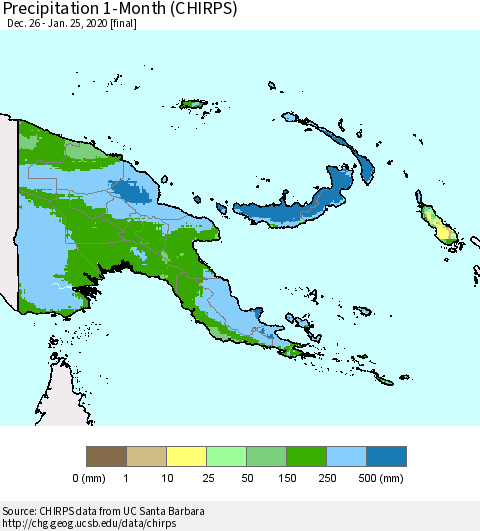 Papua New Guinea Precipitation 1-Month (CHIRPS) Thematic Map For 12/26/2019 - 1/25/2020
