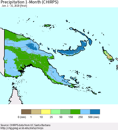 Papua New Guinea Precipitation 1-Month (CHIRPS) Thematic Map For 1/1/2020 - 1/31/2020