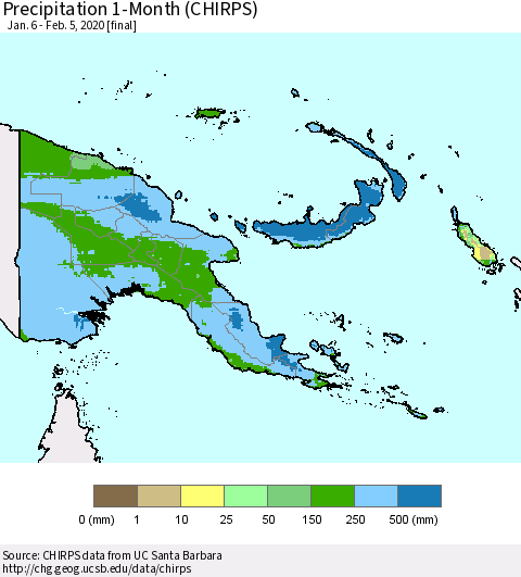 Papua New Guinea Precipitation 1-Month (CHIRPS) Thematic Map For 1/6/2020 - 2/5/2020