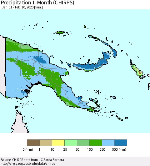 Papua New Guinea Precipitation 1-Month (CHIRPS) Thematic Map For 1/11/2020 - 2/10/2020