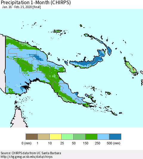 Papua New Guinea Precipitation 1-Month (CHIRPS) Thematic Map For 1/16/2020 - 2/15/2020