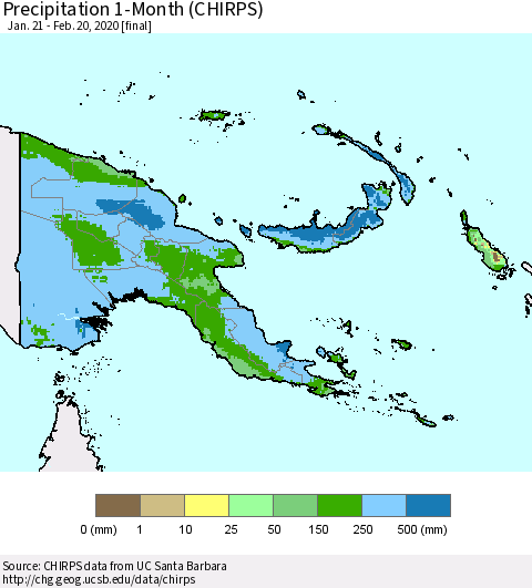 Papua New Guinea Precipitation 1-Month (CHIRPS) Thematic Map For 1/21/2020 - 2/20/2020