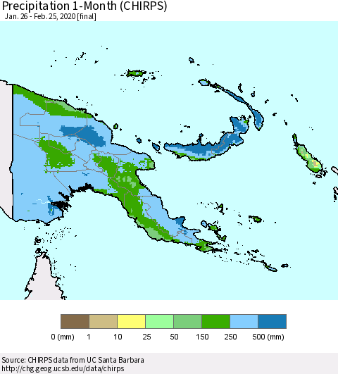 Papua New Guinea Precipitation 1-Month (CHIRPS) Thematic Map For 1/26/2020 - 2/25/2020