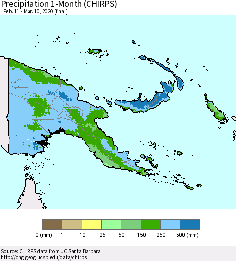 Papua New Guinea Precipitation 1-Month (CHIRPS) Thematic Map For 2/11/2020 - 3/10/2020