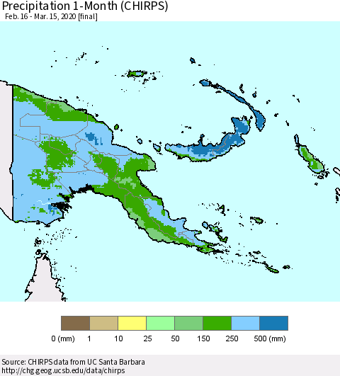 Papua New Guinea Precipitation 1-Month (CHIRPS) Thematic Map For 2/16/2020 - 3/15/2020