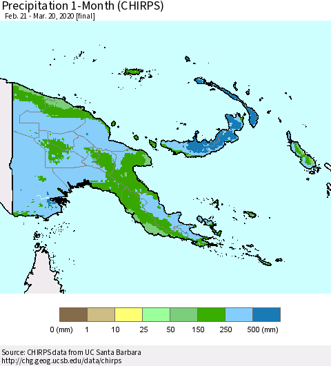 Papua New Guinea Precipitation 1-Month (CHIRPS) Thematic Map For 2/21/2020 - 3/20/2020