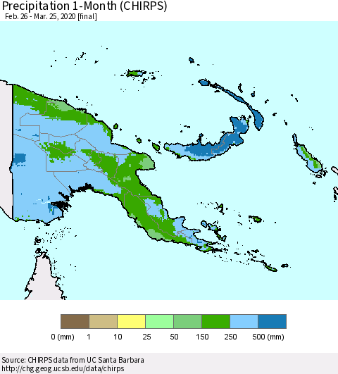 Papua New Guinea Precipitation 1-Month (CHIRPS) Thematic Map For 2/26/2020 - 3/25/2020