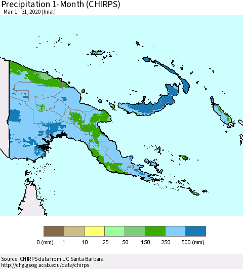 Papua New Guinea Precipitation 1-Month (CHIRPS) Thematic Map For 3/1/2020 - 3/31/2020