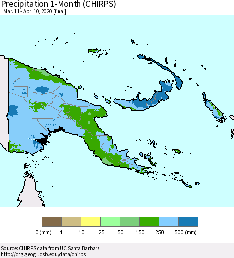 Papua New Guinea Precipitation 1-Month (CHIRPS) Thematic Map For 3/11/2020 - 4/10/2020
