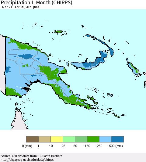 Papua New Guinea Precipitation 1-Month (CHIRPS) Thematic Map For 3/21/2020 - 4/20/2020