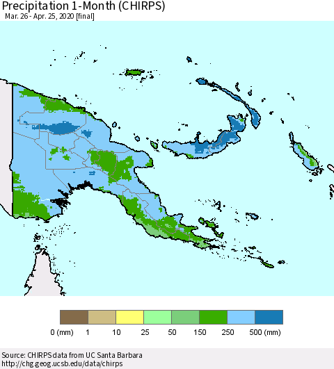 Papua New Guinea Precipitation 1-Month (CHIRPS) Thematic Map For 3/26/2020 - 4/25/2020