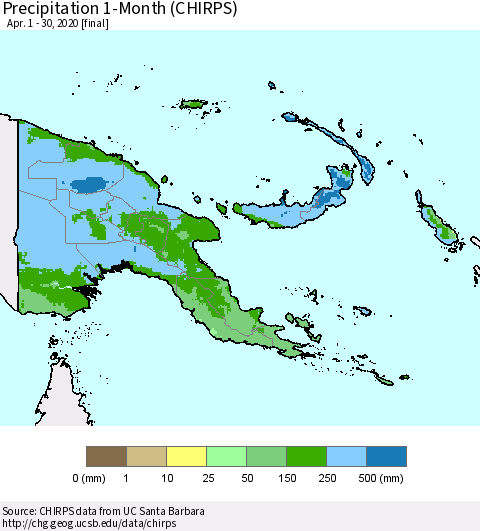 Papua New Guinea Precipitation 1-Month (CHIRPS) Thematic Map For 4/1/2020 - 4/30/2020