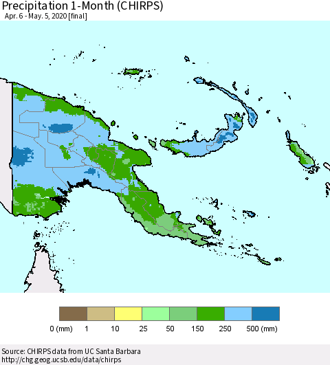 Papua New Guinea Precipitation 1-Month (CHIRPS) Thematic Map For 4/6/2020 - 5/5/2020