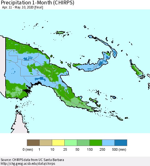Papua New Guinea Precipitation 1-Month (CHIRPS) Thematic Map For 4/11/2020 - 5/10/2020