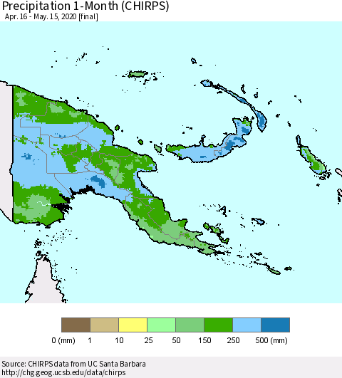Papua New Guinea Precipitation 1-Month (CHIRPS) Thematic Map For 4/16/2020 - 5/15/2020